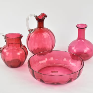 Vintage Cranberry Glass Set Including Vase, Pitcher, and Bowl 