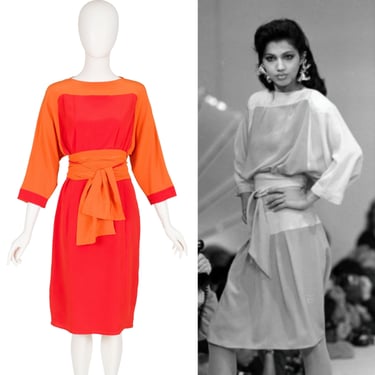 Chloé by Karl Lagerfeld 1983 S/S Runway Vintage Color Block Orange Silk Dress 