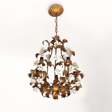 Mid-Century Hollywood Regency Italian Florentine Tole Chandelier with Hand Crafted White Porcelain Roses, Shabby Chic Vintage 1950s 