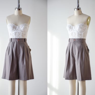 high waisted shorts | 80s 90s vintage taupe brown wool style dark academia trouser shorts 