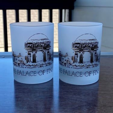 Pair Mid Century Gumps Frosted Double Old Fashioned Lowball Rocks Whiskey Glasses Featuring The Palace of Fine Arts 
