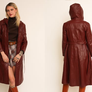 Vintage 1970s 70s Rich Brown Leather Midi Length Trench Coat w/ Hood and Waist Tie 