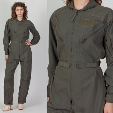 Vintage Flyer's Coveralls Air Force Flight Suit - Men's Medium, 38 R | 80s Olive Drab Army Green Utility Jumpsuit 