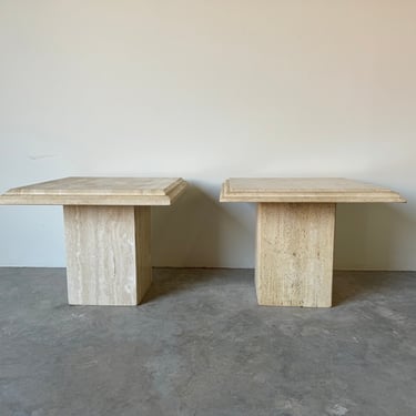 Italian  Postmodern Stone International Beige Travertine Side Tables - A Pair 