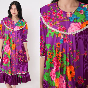 Purple Floral Dress 70s Tent Dress Puff Sleeve Midi Dress Lace Trim Bib Boho Colorful Psychedelic Flower Print Cotton Vintage 1970s Large L 