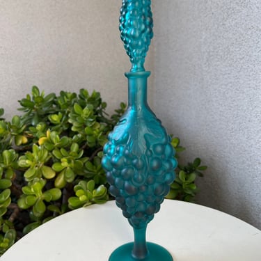 Vintage frosted glass wine decanter pitcher grape relief teal aqua blue Portugal Size 15” 