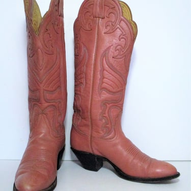 Vintage Tony Lama Pink Leather Cowboy Boots, 6 1/2B Women, knee high 