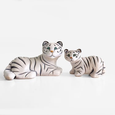 Artesania Rinconada White Tiger Cat with Baby 344 & 344A Earthenware Ceramic 
