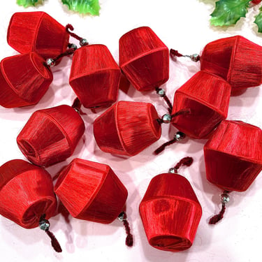 VINTAGE: 12pcs - Red Satin and Mercury Glass Bead Ornaments - Mercury Glass Ornament - Christmas Tree Decorations 