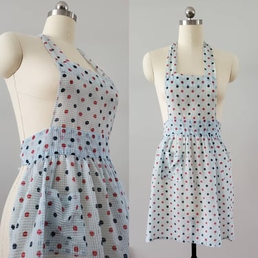 1940s Full Apron in Sheer Waffke Weave and PolkaDots - 40s Kitchen Decor 40's Home Decor 