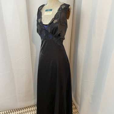 80s Frederick's of Hollywood Black Satin and Lace Gown Nightie M 