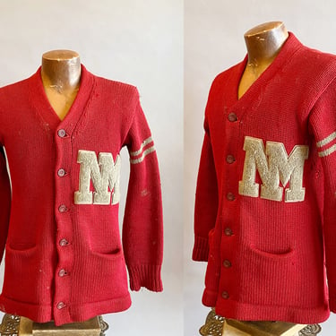1930s Red Letterman Sweater / Vintage UNM Letterman Sweater / Red and Silver Varsity Sweater / Size Small 