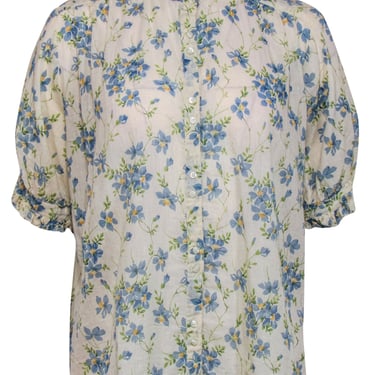 The Great - Cream, Blue & Green Floral Print Button-Up Cotton Blouse Sz 2