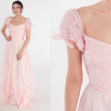 Pink Prom Dress 80s 90s Party Dress Puff Sleeve Tiered Ruched Princess High Waist Full Skirt Maxi Dress Retro Formal Gown Vintage Small 