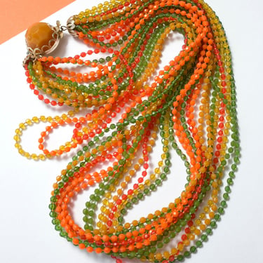 So Good Vintage 60s 70s Orange Green Multi-strand Plastic Statement Necklace 