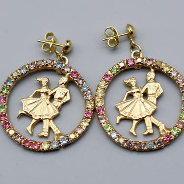60's rhinestone gold plate square dancer stud dangles, colorful kitsch line dancers earrings 