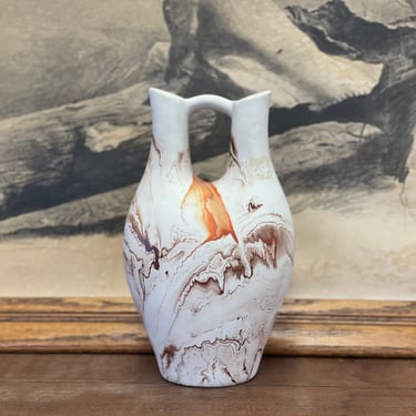 Vintage Handmade Double Spout Nemadji Vase Minnesota Multicolored Stamped ceramic vase antique pottery orange and blue designed decor 