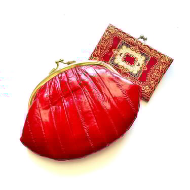Vintage 70s Embossed Gilded Leather Coin Purse 1970s Red Gold Eel Skin Handbag Pouch 