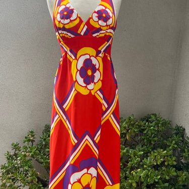 Vintage Tori Richard Hawaiian halter maxi dress mod flower orange Sz Small 