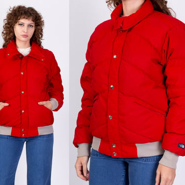 70s 80s North Face Red Puffer Jacket - Large | Vintage Down Fill Quilted Zip Up Winter Ski Coat 