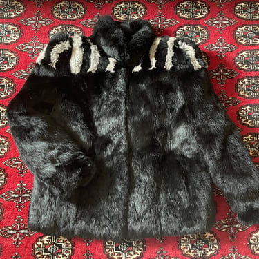 Vintage ‘70s - ‘80s Sergio Valente black rabbit fur coat, gray stripes | genuine fur chubby, Disco, New Wave, Punk, M 
