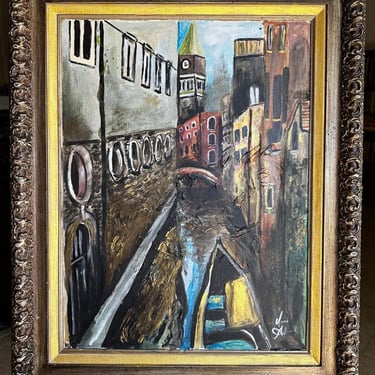 Vintage Mid Century Modern Framed Oil Painting VENICE ITALY Abstract 1960s, 1950s 