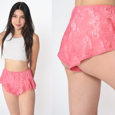 Pink Lace Tap Shorts 90s Floral Patterned 1990s Chic Silky Feminine Lingerie Pajama Bottoms Loungewear Feminine Scalloped Trim Sleep Shorts 