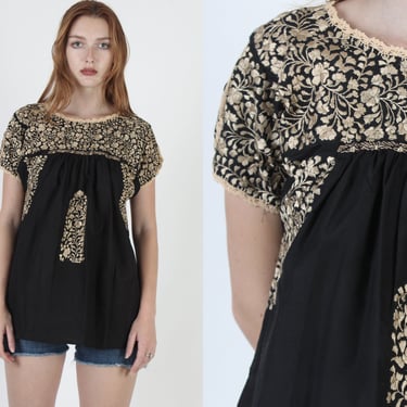 Gold Embroidered Oaxacan Top / Plus Size Black Mexican Tunic / San Antonio Floral Puebla Blouse M 