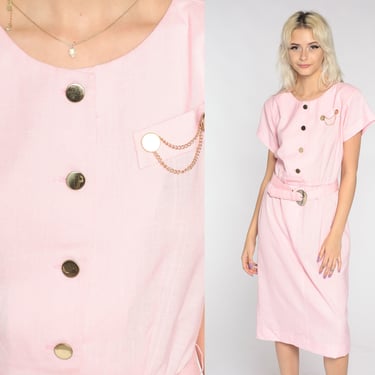 80s Pencil Dress Baby Pink Button Up Midi Dress Short Sleeve Belted Pastel Secretary Dress Sheath Plain Vintage 1980s With Belt Small Medium 