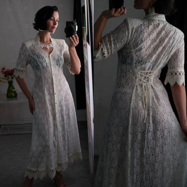 Vintage 90s MARNIE WEST Light Cream Sheer Lace Buttoned Maxi Dress w/ Art Deco Trim & Laced Back | Made in USA | 1990s Western Boho Dress 