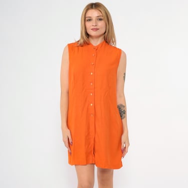 Vintage 80s Orange Mini Dress Button Up High Front Slit Dress Sleeveless 1980s Shift Retro Normcore Plain Basic Minidress Medium M 