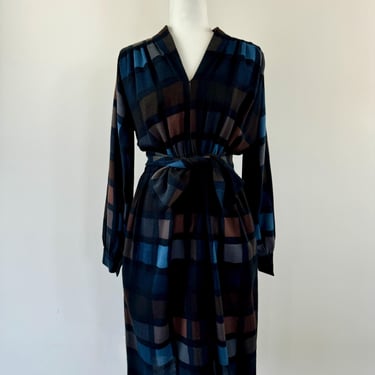 1970s Pauline Trigere Navy Geometric Print Dress 