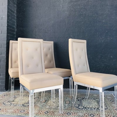 Khaki Leather Highback Dining Chairs With Lucite Legs / Set Of 4