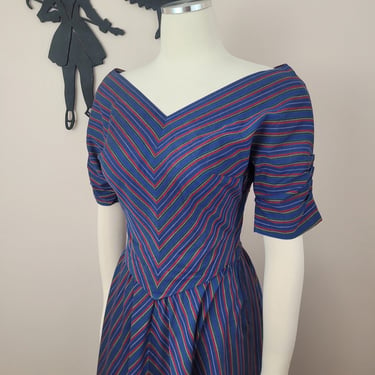 Vintage 1940's Blue Stripe Dress / 50s Cotton Day Sundress S 
