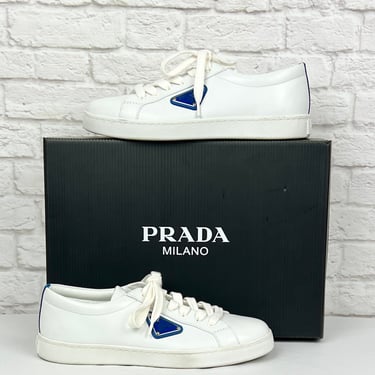 Prada Logo-plaque Low-top Sneakers, White/Blue, Size 37.5