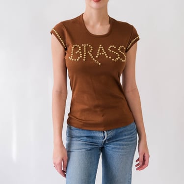 Vintage 70s BRASS Studded Brown Cap Sleeve Rock 'N' Roll Tee Shirt | 100% Cotton | Jagger, Bowie, Runaways | 1970s Glam Punk Rock T-Shirt 