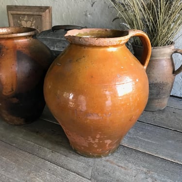 19th C Pottery Jug, Pitcher, Terra Cotta Pot, Olive Jar, Ochre Glaze, French Farmhouse 