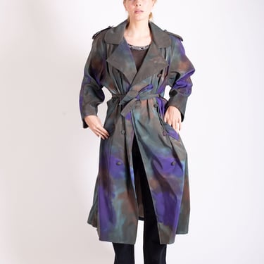Vintage Blue + Green Tie Dyed Nylon Belted Trench Coat 1980s sz S M L Multicolor Double Breasted 