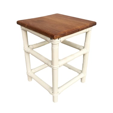 Restored White Painted Rattan Cocktail Side Table with Mahogany Top 