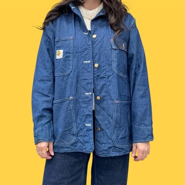 Vintage Carhartt Chore Coat Retro 1970s Blue Denim + Size 40 + Lightweight + Barn + Hunting + Fall Weather Jacket + Unisex Apparel 