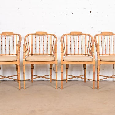 Faux Bamboo and Cane Regency Tub Armchairs Attributed to Baker Furniture, Set of Four