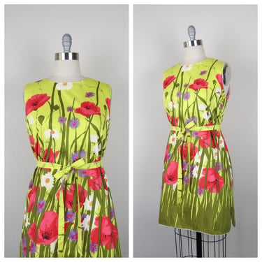 Vintage 1960s floral cotton shift dress, bright colors, mod, sundress, border print, size medium 