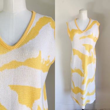 Vintage 1980s Yellow & White Abstract Print Sweater Dress / M 