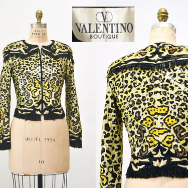 80a Vintage Valentino Sequin Jacket Leopard Cheetah Animal Pattern Beaded Fringe// Vintage Valentino Sequin Beaded Jacket Small Medium 