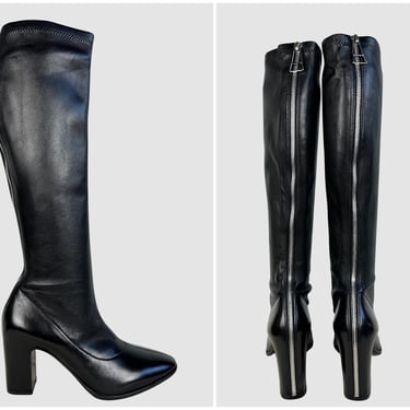 BALENCIAGA  Black Leather Zip Up Tall Fitted Boots | Back Silver Zipper, Knee High Designer Shoes, Made in Italy | Size 38 to 40, 7.5 to 8 