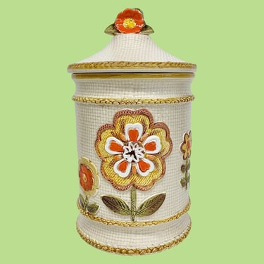 Vintage Floral Canister Retro 1970s Bohemian + Ceramic + Cream and Orange + Woven Design + Cookie Jar + MCM Kitchen Storage + Made in Japan 