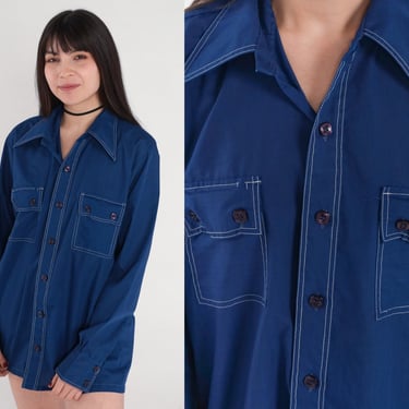 Navy Blue Shirt 70s Button Up White Topstitch Disco Shirt Dagger Collar Long Sleeve Top Retro Plain Collared Vintage 1970s Men's Large L 