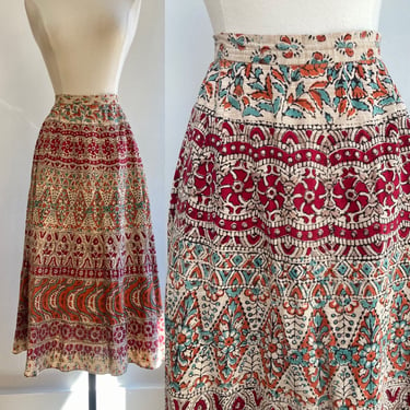 Vintage 60s 70s Boho BLOCK PRINT COTTON Midi Skirt / Hand Dyed / Metal Zip 