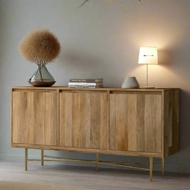 Fallon Solid Wood &amp; Iron Sideboard Buffet Natural w Gold Finish FFW258-591