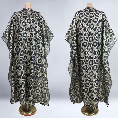 VINTAGE 70s Gold Metallic Lurex and Sheer Black Kaftan Hostess Gown | 1970s Plus Size Caftan Cocktail Party Dress | VFG 